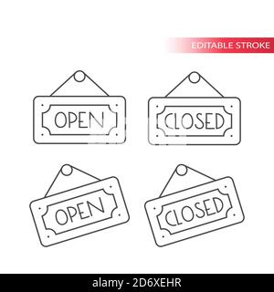 Icône de vecteur de ligne de signe ouverte et fermée. Symbole d'avertissement de la porte du magasin, contour, contour modifiable. Illustration de Vecteur