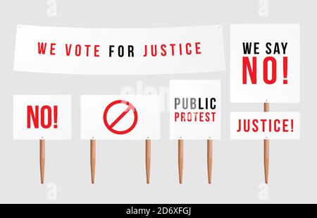 Maquette de bannière vierge sur la collection de bâtons de bois. Ensemble de supports de planche Vector vide. Panneaux de protestation isolés sur fond blanc. Illustration de Vecteur