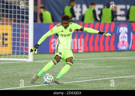 Stade Gillette. 19 octobre 2020. MA, États-Unis; André Blake, gardien de but de l'Union de Philadelphie (18) en action lors d'un match MLS entre l'Union de Philadelphie et la révolution de la Nouvelle-Angleterre au stade Gillette. Anthony Nesmith/CSM/Alamy Live News Banque D'Images