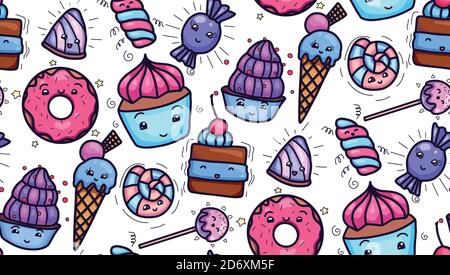 Texture sans couture avec mignons bonbons kawai et confection sur fond blanc. Motif vectoriel pour textiles, tissus, papier d'emballage, cartes et pour votre Illustration de Vecteur