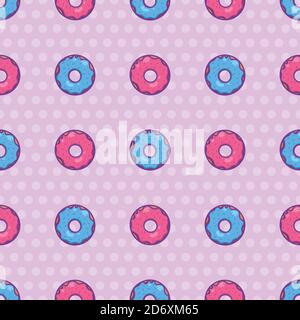 Texture sans couture avec joli donut rose kawai et bleu sur fond blanc. Motif vectoriel pour textiles, tissus, papier d'emballage, cartes et pour votre de Illustration de Vecteur