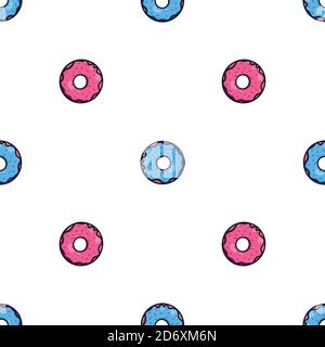 Texture sans couture avec joli donut rose kawai et bleu sur fond blanc. Motif vectoriel pour textiles, tissus, papier d'emballage, cartes et pour votre de Illustration de Vecteur