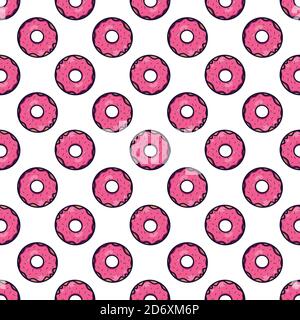 Texture sans couture avec joli donut rose kawai sur fond blanc. Motif vectoriel pour textiles, tissus, papier d'emballage, cartes et pour votre conception Illustration de Vecteur