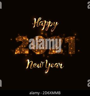 2021 bonne année bannière avec pinceau calligraphie main lettrage or sur fond noir. Enseigne artistique dessinée. Modèle pour bannière, affiche, prospectus Illustration de Vecteur