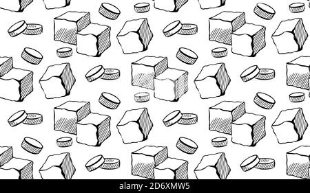 Motif sans couture avec des cubes de sucre et des pillules de stévia. Douceur et édulcorant. Arrière-plan tracé à la main avec des traits. Texture d'esquisse vectorielle pour fonds d'écran, Illustration de Vecteur