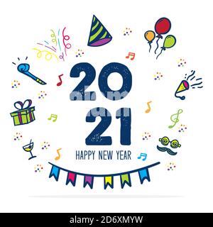 Bonne année 2021 logo avec l'icône de fête de la main doodle dessin de style coloré.carte de vœux amusante pour les fêtes de fête.illustration vectorielle texte Illustration de Vecteur