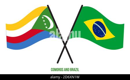 Comores et Brésil drapeaux croisés et ondulant style plat. Proportion officielle. Corriger les couleurs. Illustration de Vecteur