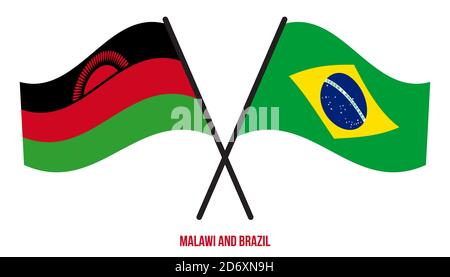 Malawi et Brésil drapeaux croisés et ondulant le style plat. Proportion officielle. Corriger les couleurs. Illustration de Vecteur