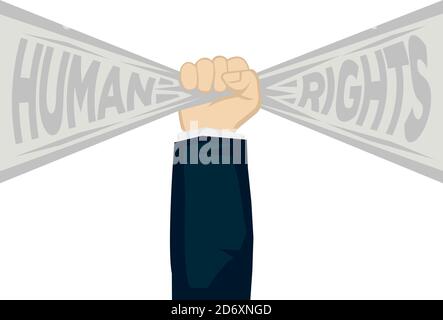 Main poing tenant une bannière ruban avec le texte des droits de l'homme. Notion de respect des droits de l'homme, de liberté ou de lutte contre l'unité. Vecteur plat illust Illustration de Vecteur