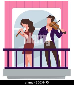Musiciens jouant sur le balcon, violoniste et flûtiste en concert Illustration de Vecteur