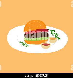 Hamburger avec côtelettes de bœuf, salade de feuilles, tomates et fromage. Sur l'assiette il y a un hamburger avec deux sauces - moutarde et ketchup. Dessin animé Illustration de Vecteur