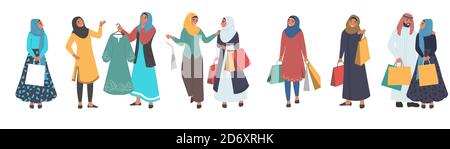 Les musulmans font du shopping, un jeu de personnages de dessins animés pour hommes et femmes, une illustration isolée à vecteur plat. Hijab femmes mode. Illustration de Vecteur