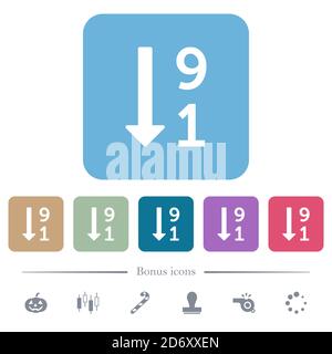 Liste numérotée descendante icônes plates blanches sur arrière-plans carrés de couleur arrondie. 6 icônes bonus incluses Illustration de Vecteur