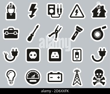 Jeu d'autocollants noir et blanc icônes d'outils et d'équipement d'électricien Grande Illustration de Vecteur