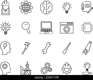 Icônes d'ingénierie jeu de lignes fines noir et blanc grand Illustration de Vecteur