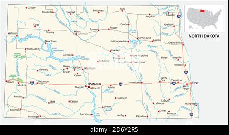 Carte routière de l'État américain du Dakota du Nord Illustration de Vecteur