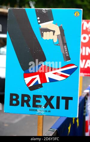 Affiche de campagne anti-Brexit utilisée par des manifestants devant le Parlement de Londres pour protester contre le retrait du Royaume-Uni de l'Union européenne. Banque D'Images