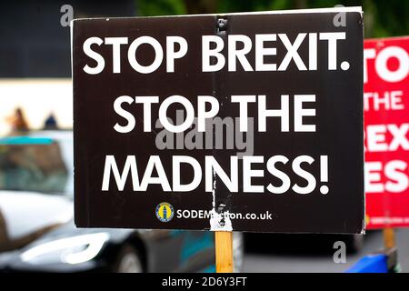 Affiche de campagne anti-Brexit utilisée par des manifestants devant le Parlement de Londres pour protester contre le retrait du Royaume-Uni de l'Union européenne. Banque D'Images