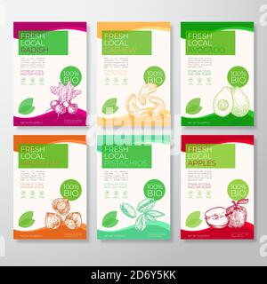 Produits frais locaux étiquettes fruits et noix emballage Design mise en page Collection. Jeu de couvertures d'arrière-plan vectoriel. Typographie moderne et avocat dessiné à la main, pommes Illustration de Vecteur
