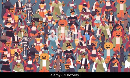 mélangez les gens de course dans différents costumes célébrant la fête d'halloween heureuse concept mignon hommes femmes debout ensemble portrait horizontal vecteur illustration Illustration de Vecteur