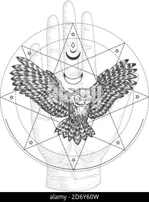 Symbole Occult abstrait, logo style vintage ou modèle de tatouage. Symbole d'esquisse de main de chouette noire volante et de paume dessinées à la main et magie mystique géométrique Illustration de Vecteur
