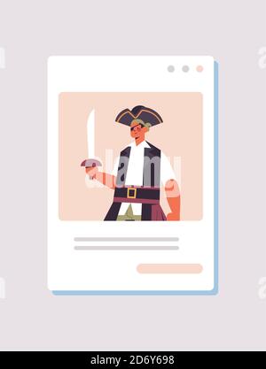 homme en costume de pirate heureux halloween fête célébration auto-isolement concept de communication en ligne navigateur web fenêtre portrait illustration du vecteur vertical Illustration de Vecteur