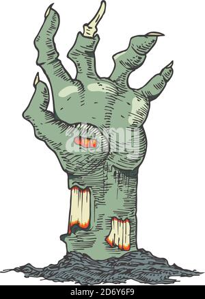 Dessin à la main coloré Halloween effrayant Zombie main vecteur esquisse Illustration. Dessin style Doodle des fêtes. Illustration de Vecteur