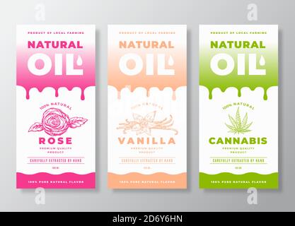 Huile naturelle Résumé Vector Packaging Designs ou Label Templates Collection. Gouttes de gradient et croquis de feuilles de Rose, de vanille et de Cannabis dessinés à la main Illustration de Vecteur