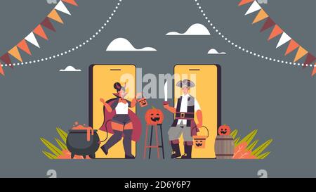 couple dans le diable et les costumes de pirate sur les écrans de smartphone heureux halloween partie coronavirus quarantaine communication en ligne concept horizontal pleine longueur illustration vectorielle Illustration de Vecteur