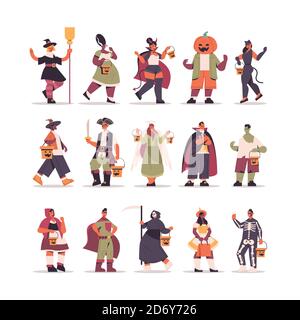 mettez les gens de course de mélange dans différents costumes debout ensemble heureux halloween party celebration concept plat pleine longueur illustration vectorielle Illustration de Vecteur