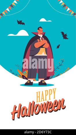 homme portant le costume dracula happy halloween fête célébration concept lettering illustration vectorielle verticale pleine longueur de carte de vœux Illustration de Vecteur