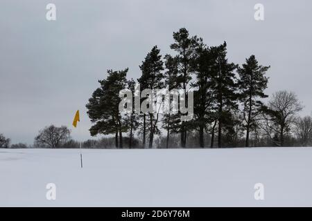 Drapeau jaune sur un terrain de golf enneigé Banque D'Images
