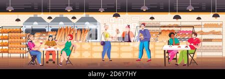 mélanger les gens de course ayant le petit déjeuner dans la boulangerie hommes femmes manger et l'achat de pain frais restaurant intérieur pleine longueur vecteur horizontal illustration Illustration de Vecteur