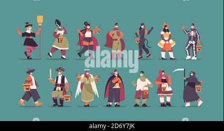 mettez les gens de course de mélange dans différents costumes debout ensemble heureux halloween party celebration concept plat pleine longueur horizontale illustration vectorielle Illustration de Vecteur