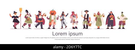 mettez les gens de course de mélange dans différents costumes debout ensemble heureux halloween party celebration concept plat pleine longueur horizontal copy space illustration vectorielle Illustration de Vecteur