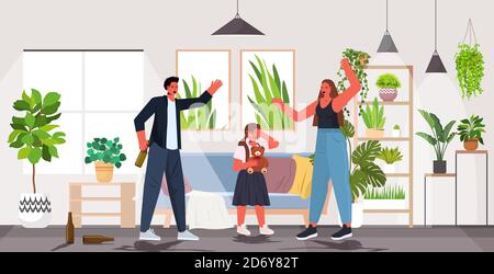 petite fille qui pleure à l'écoute des parents criant et querelant la violence dedans concept familial salon intérieur horizontal pleine longueur illustration vectorielle Illustration de Vecteur