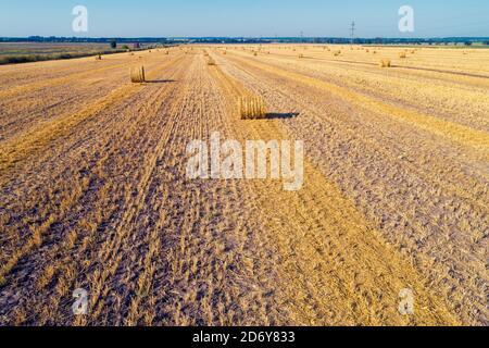 Vue aérienne du dessus des champs de blé géométriques colorés avec balles de paille. Résumé nature rurale Banque D'Images