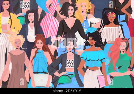 mélangez les femmes de course qui se tiennent ensemble dans des vêtements décontractés illustration vectorielle horizontale portrait des personnages de dessin animé féminins Illustration de Vecteur