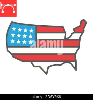 Icône de ligne de couleur de carte des États-Unis, pays et drapeau, graphiques vectoriels de signe de carte des états-unis, icône de contour rempli de contour modifiable, eps 10. Illustration de Vecteur