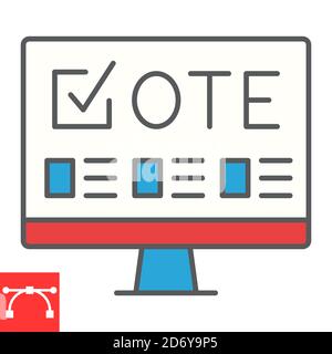 Icône de ligne de couleur de vote en ligne, élection et vote en ligne, graphiques vectoriels de signe de moniteur, icône de contour rempli de trait modifiable, eps 10. Illustration de Vecteur