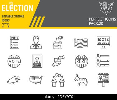 Jeu d'icônes de ligne de vote et d'élection, collection de votes, croquis vectoriels, illustrations de logo, icônes d'élection, 2020 symboles de vote pictogrammes linéaires Illustration de Vecteur