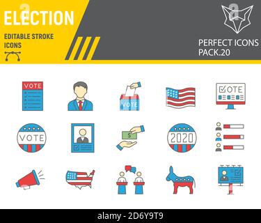 Jeu d'icônes de ligne de couleur de vote et d'élection, collection de votes, croquis vectoriels, illustrations de logo, icônes d'élections, contour de 2020 panneaux de vote remplis Illustration de Vecteur