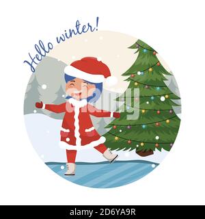 Adorable petite fille patinage sur glace dessin animé de Noël avec texte de citation Hello Winter. Illustration de Vecteur