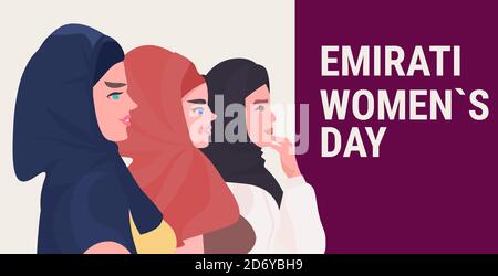 Belles filles arabes portant hijab coloré émirati salutation de jour des femmes illustration vectorielle horizontale portrait de carte Illustration de Vecteur