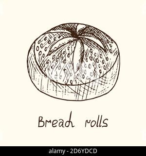 Rouleaux de pain, croque-d'oodle dessiné à la main, croquis, illustration noire et blanche avec inscription Banque D'Images
