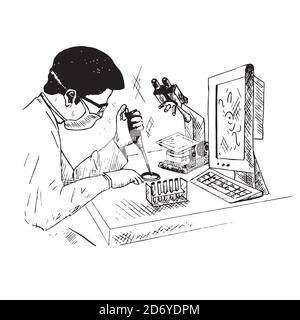 Un scientifique masculin étudie quelque chose dans un tube à essai, un microscope et un ordinateur sur la table, un coolé dessiné à la main, un croquis de contour noir et blanc Banque D'Images