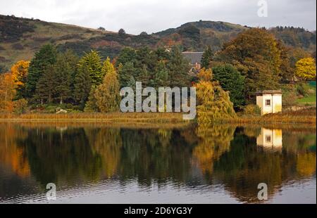 Duddingston Loch Edinburgh, Écosse, Royaume-Uni. 20 octobre 2020. Nuageux avec une température de 10 degrés avec peu de brise. Photo : en automne, le Loch Duddingston avec la Tour de Thomson réfléchie en premier plan et Duddingston Kirk niché dans les arbres à feuilles persistantes du conifères du jardin du Dr Neil. La tour conçue par William Henry Playfair construite en 1825 pour que la Duddingston Curling Society stocke ses pierres. Un lieu de rencontre pour les conservateurs et un studio pour l'artiste respecté le Rév. John Thomson, ministre de Duddingston de 1805 à 1840. Crédit : Arch White/Alamy Live News. Banque D'Images