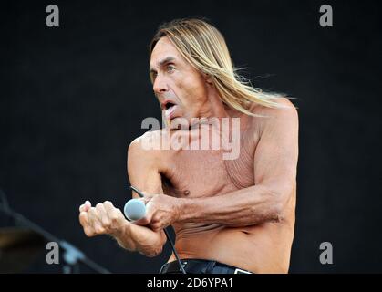 Iggy Pop se présentant au Festival de l'île de Wight, au parc Seaclose de Newport. Banque D'Images