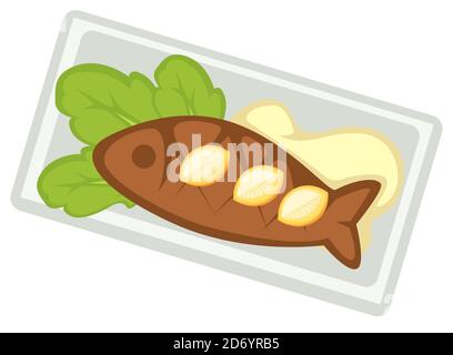 Fruits de mer dans le restaurant, poisson frit ou cuit sur l'assiette Illustration de Vecteur