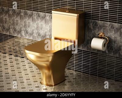 toilettes dorées dans une salle de bains luxueuse. Illustration 3D. Banque D'Images